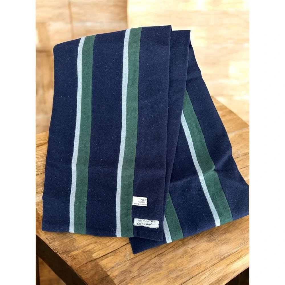 Rare VTG Lord & Taylor Blue Green Striped All Wool Scarf Made In England